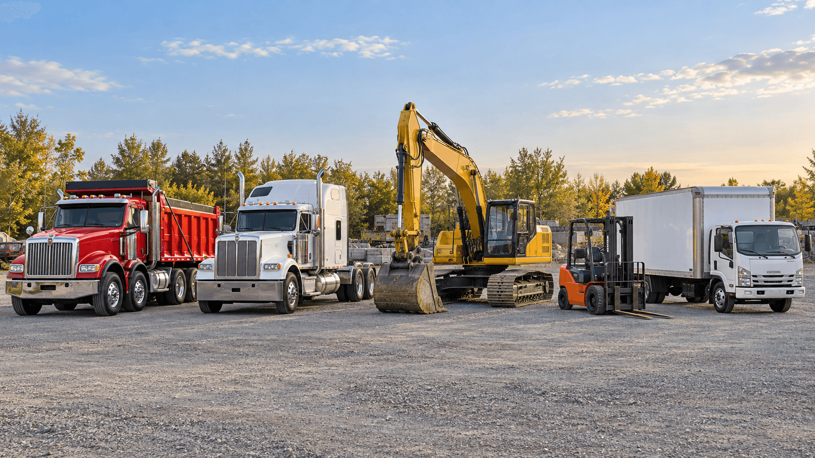Presentation illustration: 12-wheel dump truck, highway tractor, excavator, forklift and Isuzu box truck.